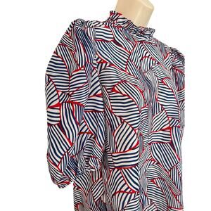 THML Blouse Lightweight Poof Sleeve Ruffle Neck Red White Blue Size Small XC